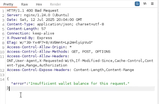Intercepted insufficient-balance response from the wallet request endpoint