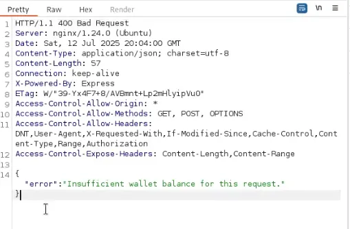 Intercepted insufficient-balance response from the wallet request endpoint