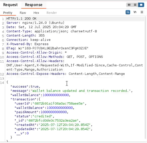 Server response indicating the modified transaction request outcome