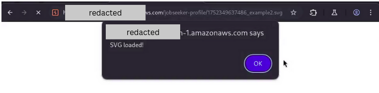 Controlled SVG alert firing in the test browser after the avatar upload was accepted and rendered