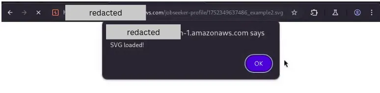 Controlled SVG alert firing in the test browser after the avatar upload was accepted and rendered