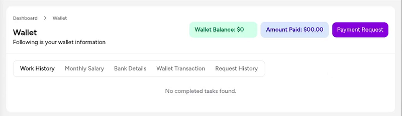 Wallet UI showing zero balance for the test account and exposing the wallet request action