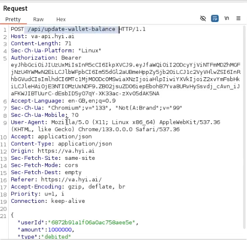 Follow-on transaction-shaped request issued by the client, exposing mutable userId, amount, and transaction-type fields