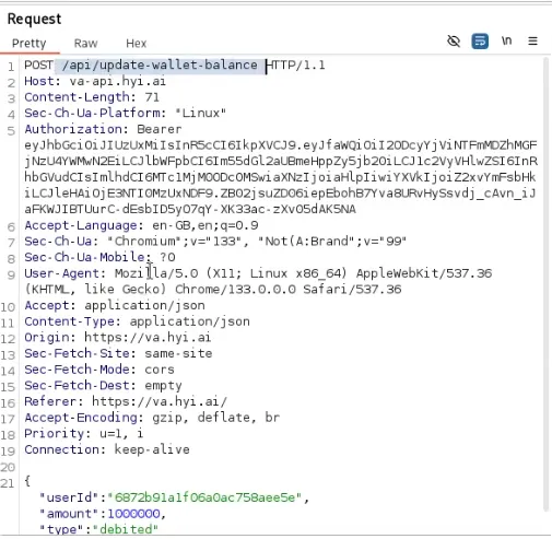 Follow-on transaction-shaped request issued by the client, exposing mutable userId, amount, and transaction-type fields