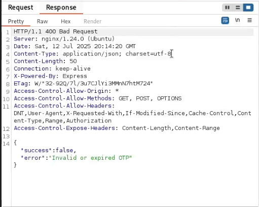 Intercepted verification failure after submitting an invalid OTP code
