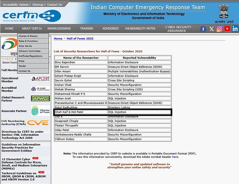 CERT-In October 2025 Hall of Fame table with the Shah Kaif and Het Patel entry outlined