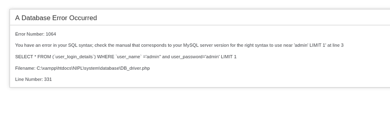 MySQL syntax error returned after the single-quote username variation, showing error 1064 and query structure