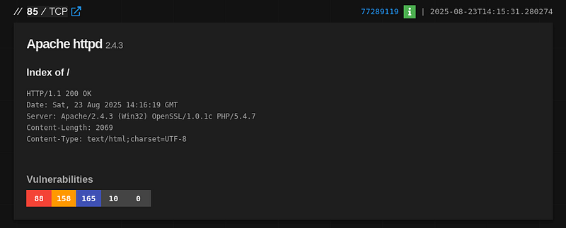 Captured Shodan result showing Apache HTTP service metadata and banner for the investigated host