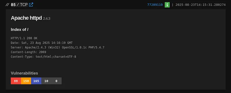 Captured Shodan result showing Apache HTTP service metadata and banner for the investigated host