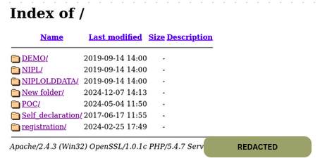 Exposed directory index rendered by the investigated HTTP service, showing named entries and folder structure