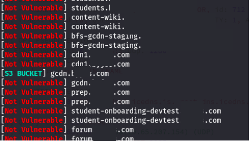 Automated scanner output flagging a host as a possible S3 bucket takeover candidate