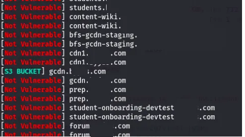 Automated scanner output flagging a host as a possible S3 bucket takeover candidate