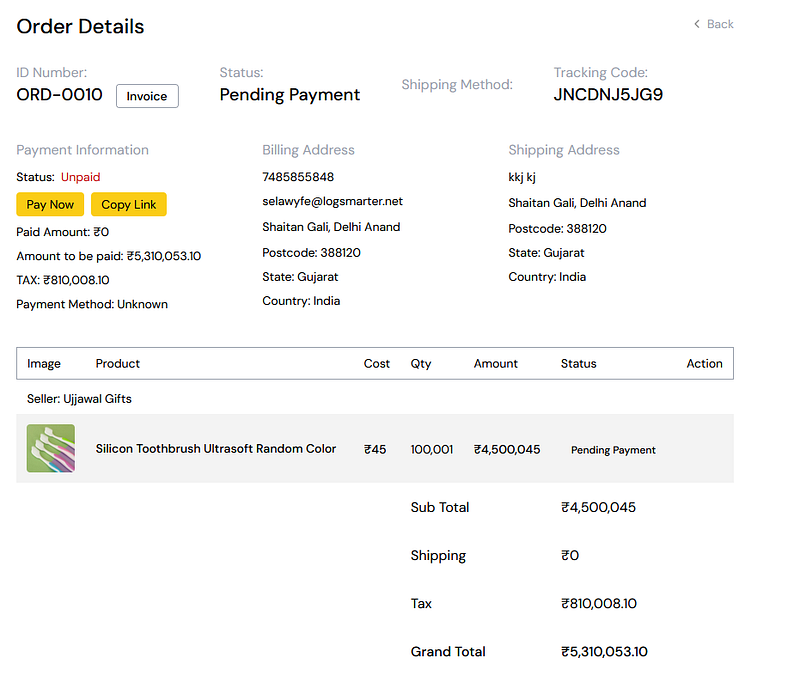 Test account invoice print page showing the baseline invoice fields—the invoice the account was meant to access