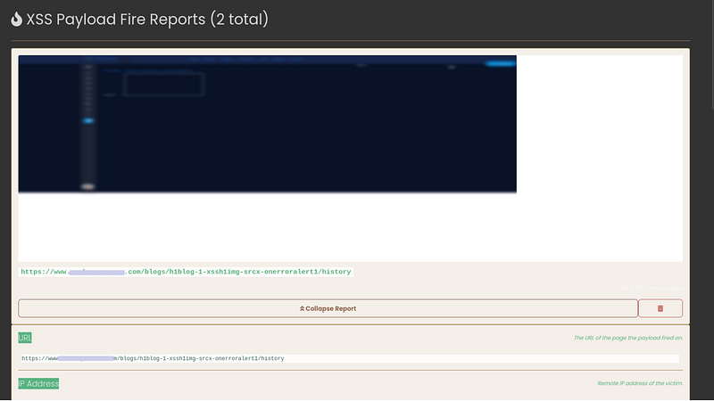 Controlled callback event detail captured during the History Preview rendering—showing that stored content executed in the test browser under the platform origin
