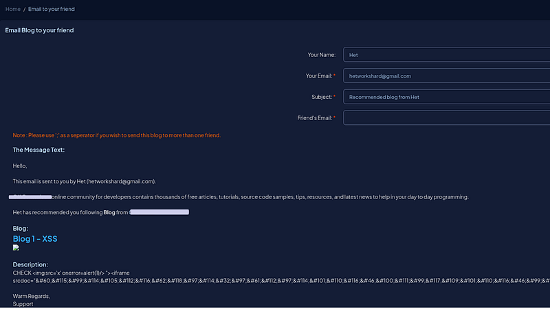 Email preview prefilled with the author-controlled test blog content under the original BlogID