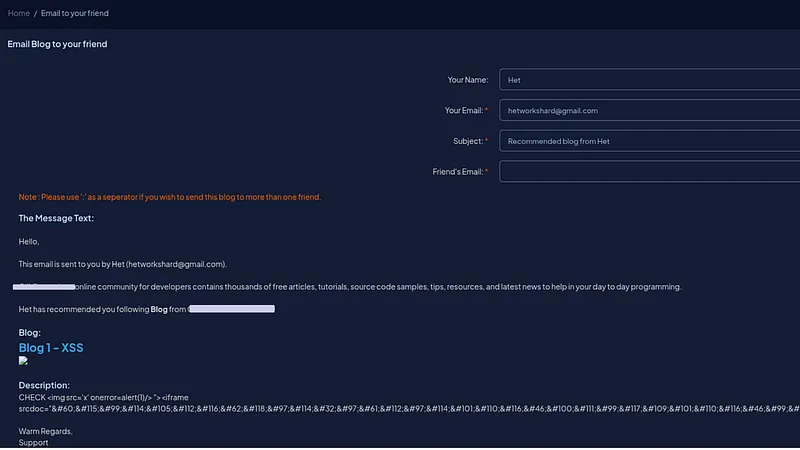 Email preview prefilled with the author-controlled test blog content under the original BlogID