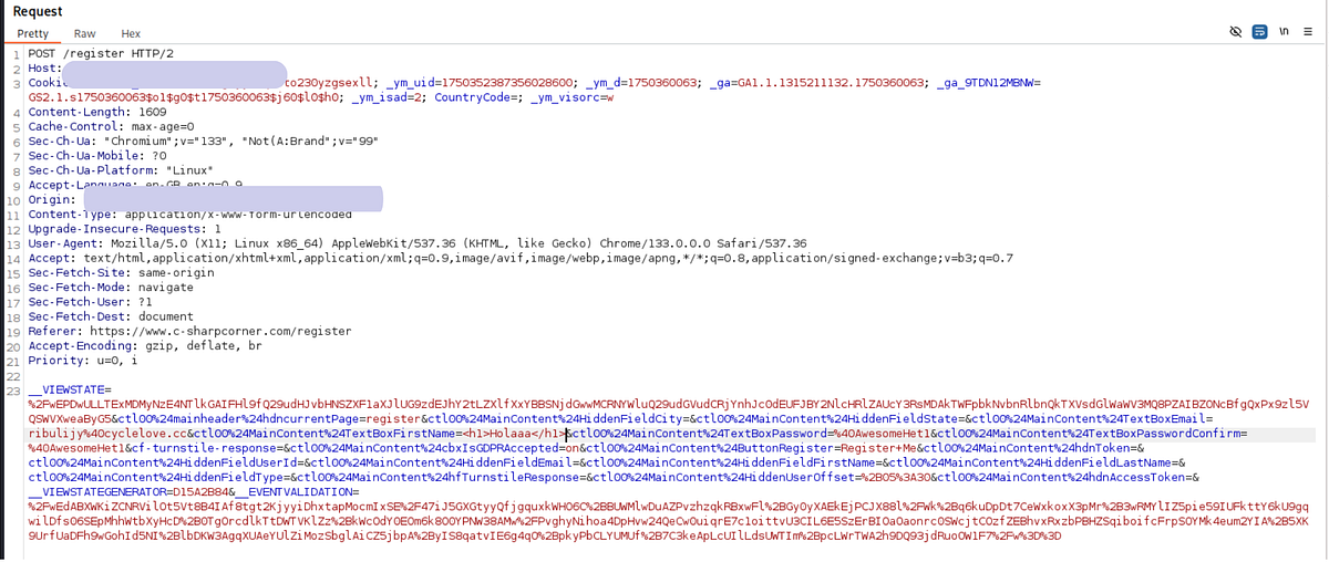 Intercepted registration request with the display name field modified to HTML markup before reaching the server