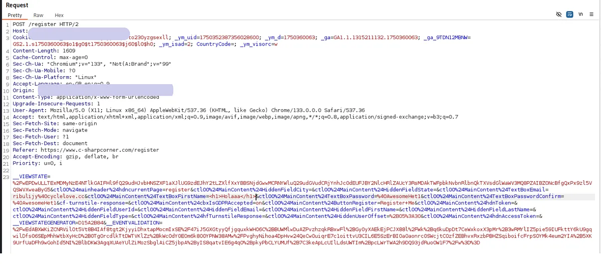 Intercepted registration request with the display name field modified to HTML markup before reaching the server