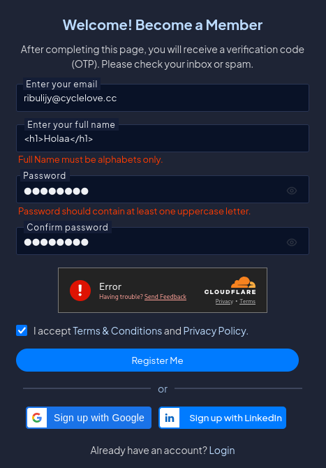 Registration form rejecting special characters in the full-name input field