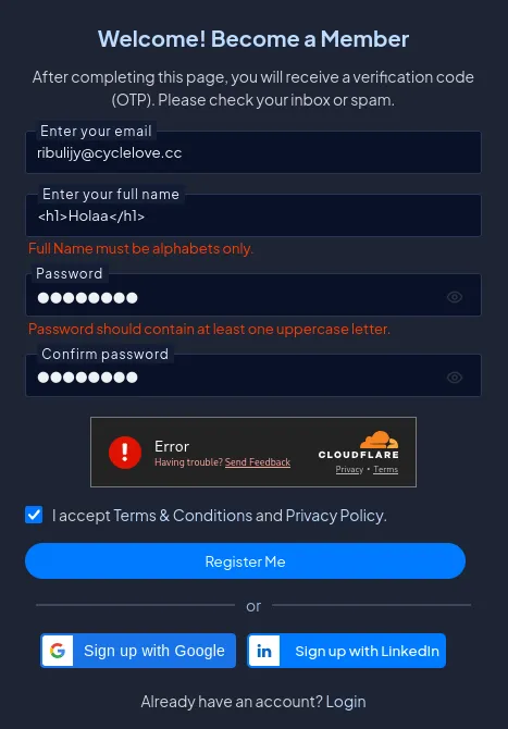 Registration form rejecting special characters in the full-name input field